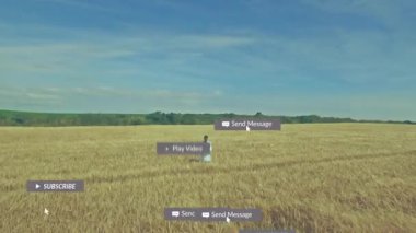 Buğday tarlasında duran tarım araştırmacısı elinde yüzen sosyal bildirimlerle dizüstü bilgisayar tutuyor. Tarım, teknoloji, açık hava, yenilik, sürdürülebilirlik, kırsal, bağlantı