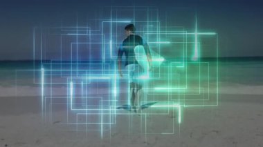 Adam kumlu sahilde okyanusa doğru koşuyor, sörf tahtası taşıyor, üzerinde teknoloji şebekesi var. Macera, atletik, enerjik, dinamik, yenilik, açık hava, yaşam tarzı