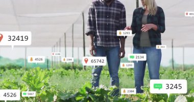 Veri simgeleri ve ekin durumunu izleyen grafiklerle serada yürüyen meslektaşlar. Bitki örtüsü, işbirliği, teknoloji, bahçıvanlık, yenilik, sürdürülebilirlik, analitik