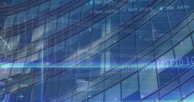 İkili kodlama, ofis binası üzerinde finansal veri işleme. küresel iş, hesaplama, veri işleme ve dijital arayüz kavramı dijital olarak oluşturuldu.