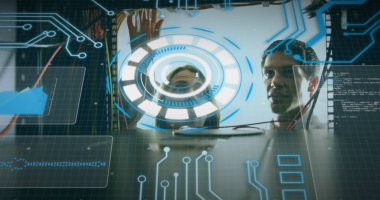 Beyaz adamın bilgisayar kablolarını kontrol ettiği veri işleme görüntüsü. bilgisayarlar, ağ, veri işleme ve dijital arayüz kavramı dijital olarak oluşturuldu.