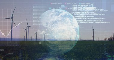 Dünya ve rüzgar türbinleri üzerinde işlenen finansal veri görüntüsü. küresel çevre, sürdürülebilirlik ve finans kavramı dijital olarak oluşturulmuş görüntü.