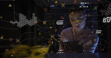 Küre ve bağlantı ağlı metin görüntüsü. Dijital arayüz teknolojisi ve ağ konsepti dijital olarak oluşturuldu.