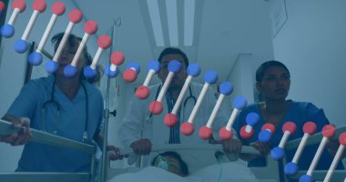 Çeşitli kadın ve erkek doktorların bilinçsiz bir hastayla yataklarında koştukları DNA görüntüsü. ekonomi, finans, sağlık ve tıp konsepti dijital olarak oluşturulmuş imaj.