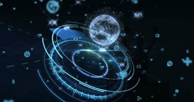 Kapsam taraması görüntüsü, arkaplandaki bağlantı ağının üzerindeki dünya. küresel bağlantılar ve veri işleme kavramı dijital olarak oluşturulmuş resim.