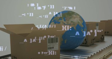 Paketler ve dünya üzerinde veri işleme resmi. iş, küresel dağıtım konsepti dijital olarak oluşturulmuş görüntü.