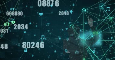 Sayıların resmi, arkaplandaki bağlantı ağının üzerindeki simgeler. küresel bağlantılar ve veri işleme kavramı dijital olarak oluşturulmuş resim.