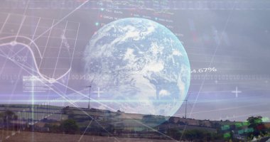 Dünya ve rüzgar türbini üzerinde ikili kodlama işleme finansal veri görüntüsü. küresel çevre, sürdürülebilirlik ve finans kavramı dijital olarak oluşturulmuş görüntü.