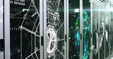 Bağlantı resimleri, bilgisayar sunucuları üzerinden veri işleme. küresel hesaplama, veri işleme ve dijital arayüz konsepti dijital olarak oluşturulmuş resim.