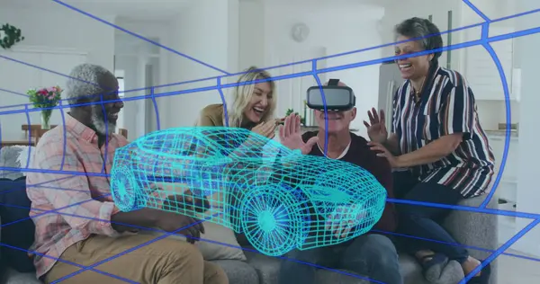 VR kulaklık kullanan çeşitli yaşlılar grubu üzerinden araba görüntüsü. Huzurevi takılma ve dijital arayüz konsepti dijital olarak oluşturulmuş görüntü.