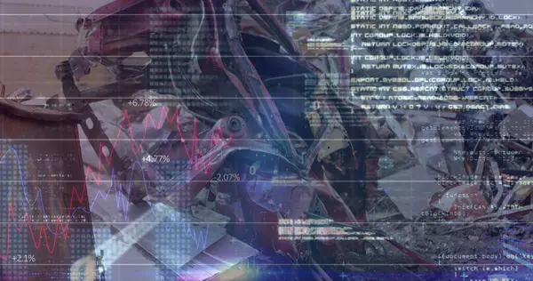 Çöp yığını üzerinde veri işleme resmi. Küresel iş ve dijital arayüz kavramı dijital olarak oluşturulmuş görüntü.