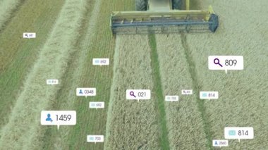 Buğday tarlası hasat başlığını birleştirerek dijital arama, kullanıcı ve e- posta simgelerini göster. Tarım, kesinlik, teknoloji, makineler, manzara, analitik, tarım