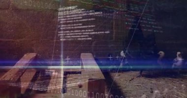 Anne tavuk ve civcivler saman zeminde dururken market grafikleri ve okları ahırın üzerinde kayıyor. Kırsal, tarımsal, dijital, finans, kırsal, teknoloji, vahşi yaşam