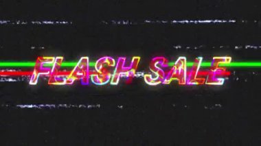 Koyu ekran titreşimli RGB arızaları, statik çubuklar üzerinde arızalı-stil FLASH satışı metni. Neon, digital, retro, glitch, enerjik, teknoloji, reklam