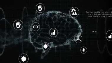 Şebeke arayüzünde yüzen parçalanmış beyin ağı sürdürülebilirlik simgeleri ve kod parçacıkları gösteriyor. Dijital, geleceksel, yenilikçi, analitik, çevre dostu, teknoloji, veri güdümlü