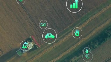 Hasat makinesi animasyon haline getiriliyor. Ekinleri şeritlere ayırıyor, sakal bırakıyor, yüzen eko simgeleri bırakıyor. Tarım, sürdürülebilir tarım, hassas tarım, çevresel etki, dijital tarım, eko teknolojisi, tarım teknolojisi