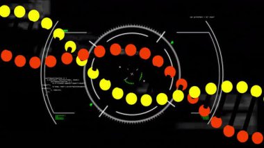 Siyah arkaplanda dönen HUD arayüzü, Pac-Man 'in beyaz parçacık halkalarının içinde daireler çizdiğini gösteriyor. Fütürist, dijital, arayüz, teknoloji, görselleştirme, yüksek teknoloji, soyut