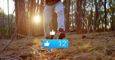 Yetişkin bir adam çam ormanı günbatımında diz çöküp sosyal medya pazarlamasını animasyon benzeri simgelerle sunuyor. Açık hava, doğa, taktik, macera, strateji, aktivite, vahşi doğa