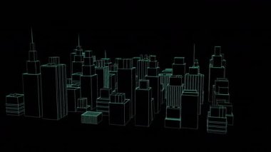 3D kablo şema şehir modeli siyah boşluğun üzerinde neon yeşil çizgiler içinde yüzen bloksu gökdelenleri gösteriyor. Fütürist, dijital, vektör, minimalizm, teknoloji, soyut, kentsel