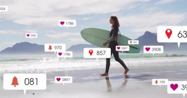 Sörf tahtası taşıyan ve pazarlama için yüzen kalp çanı simgelerini taşıyan bir kadın. Macera, plaj, eğlence, dijital, yaşam tarzı, açık hava, spor