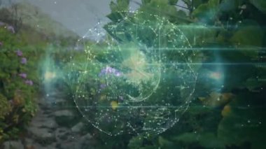 Erkek yürüyüşçü taş yolda yürüyor, el bilgisayarı görüyor, teknoloji ağını keşfediyor. Macera, açık hava, teknoloji, bağlantı, keşif, doğa, sürdürülebilirlik