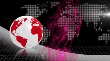 Dünya haritası üzerinde dönen mor parçacıklarla yansıtıcı ızgarada duran kırmızı kıtalara sahip dünya. Coğrafya, yenilik, teknoloji, bağlantı, fütüristik, veri görselleştirme, dijital sanat