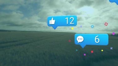 Bulutlu gökyüzünün altında yüzen sosyal medya bilgilendirme baloncuklarını gösteren 3D görüntüleme. Tarım, kırsal, peyzaj, teknoloji, dijital, yenilik, bağlantı