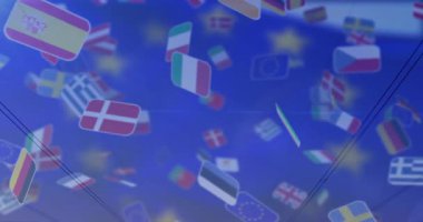 Yüzen Avrupa bayrak simgelerinin altında parlayan AB yıldızlarıyla siluetli yüksek voltajlı sütunlar gösteriliyor. Siluet, iletim, altyapı, teknoloji, sürdürülebilirlik, bağlantı, kentsel