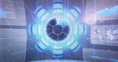 Sanal kontrol odasında ekranlı ve ızgaralı veri halkalarını yansıtan holografik yuvarlak arayüz. Fütürist, dijital, hologram, siber güvenlik, arayüz, veri görselleştirme, sanal