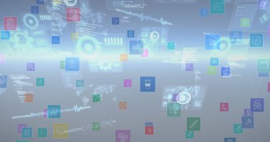 Mavi arkaplanda veri işleme resmi. küresel iş ve dijital arayüz kavramı dijital olarak oluşturulmuş görüntü.