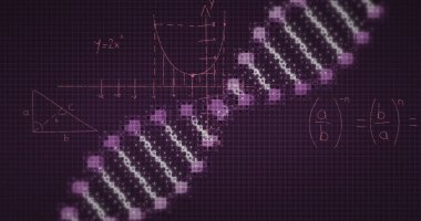 Matematik formülleriyle siyah arkaplanda dönen DNA görüntüsü. Bilim, biyoloji ve matematik konsepti dijital olarak oluşturulmuş görüntü.