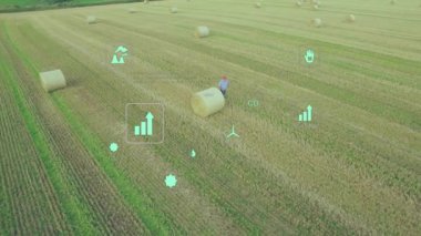 Hasat edilen tarlada saman balyasının yanında duran erkek çiftçi akıllı tarım AR örtülerini izliyor. Tarım, sürdürülebilirlik, kesinlik, teknoloji, kırsal, manzara, çevre dostu