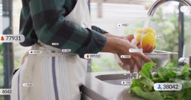 Mutfak lavabosunda çan biberi yıkayıp, animasyon simgeleriyle pazarlama bildirimlerini takip ediyorum. Sebze, yerli, çağdaş, temiz, taze, sağlıklı, yaşam tarzı