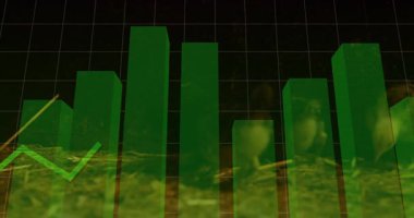 Yeşil 3D çubuklar ve çizgi çizelgesi tepelerini gösteren çiftlik alanı görüntülerini birleştiren veri canlandırması. Analizler, finans, minimalizm, teknoloji, ilerleme, büyüme, yenilik