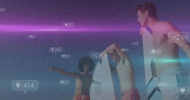 Sahilde yüzen sosyal medya ikonları ve teknoloji pazarlaması için neon çizgiler gösteren üç erkek sörfçü. Macera, yoldaşlık, çağdaş, canlı, açık hava, gençlik, keşif