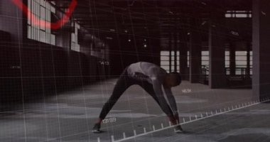 Depoda, animasyon finans şebekesi ve kırmızı çizgilerle bacak genişletme ameliyatı yapan bir adam. Atletik, yenilikçi, fütüristik, dinamik, profesyonel, enerjik, kentsel