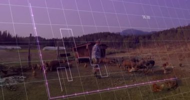 Kırsal tarım alanında yumurta sepeti taşıyan çiftçi, animasyon tarımsal gösterge paneli ile birlikte. Kırsal, pastoral, açık hava, doğa, tarım, geleneksel, barış