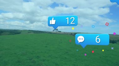 Çimenli tepede tek başına duran ağaç, yüzen baş parmaklar, kullanıcı ve konfetiyle yorum baloncukları. Doğa, manzara, teknoloji, dijital, açık hava, manzara, kutlama