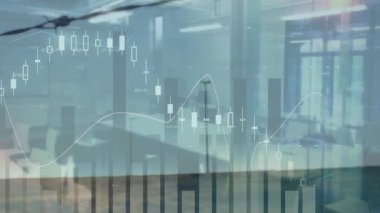 Modern ofis içini rüzgar türbinleriyle birleştiren üç boyutlu finansal grafikler hazırlamak, büyüme verilerini canlandırmak. Şirket, yenilik, teknoloji, veri görselleştirme, çevre, üretkenlik, sürdürülebilirlik