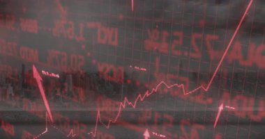 Kırmızı ok, düz dizayn ile şehir silueti üzerinde 55.07 olarak etiketlendi. Finans, teknoloji, kentsel, veri görselleştirme, analitik, büyüme, yatırım