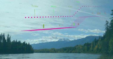 Dijital veri görselleştirmesi dağ gölü üzerinde yüzüyor, şamdan çizelgeleri gösteriyor. Sahne, analitik, teknoloji, açık hava, huzur, soyutlama, bilgi