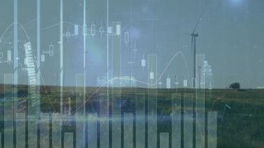 Rüzgâr türbinleri çimenli düzlüklerin üzerinden yükseliyor. Canlandırılmış şamdan ve çizgi çizelgelerini örtüyor. Yenilenebilir, sürdürülebilirlik, enerji, çevre dostu, modern, teknoloji, çevre