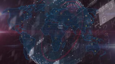 Kırmızı mor gradyan üzerinde yüzen neon mavisi dünya haritası gösteriliyor, altıgen ızgaraları vurgulanıyor. Siber güvenlik, veri görselleştirme, dijital arayüz, ağ analizi, yüksek teknoloji, gelecek teknolojisi, bilgi teknolojisi