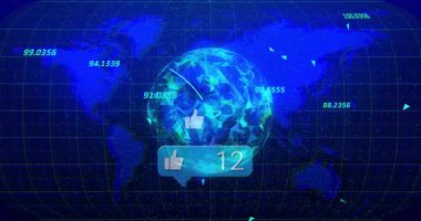 Fütürist arayüz, parlayan çokgen küresel veri yayları ve başparmak işareti simgelerini gösteriyor. Teknoloji, yenilik, veri görselleştirme, dijital sanat, fütüristik, bağlantı, soyut