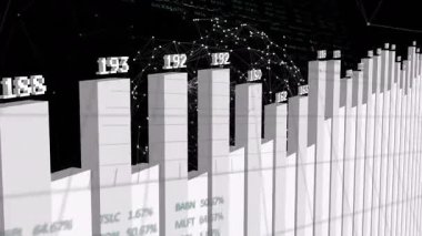 Beyaz 3D çubuklar ağ küresi parlarken pikselli etiketleri gösteren ızgara düzleminin üzerine yükseliyor. Fütüristik, veri, görselleştirme, dijital, teknoloji, soyut, ağ