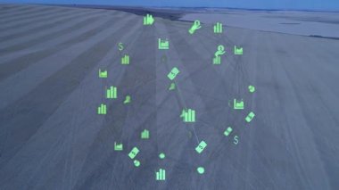 Havadan tarlalar üzerinde yüzen holografik veri ağı yeşil finansal haritalar ve simgeler gösteriyor. Tarım, teknoloji, yenilik, analitik, finans, açık hava, manzara