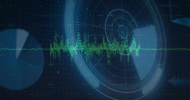 Radar halkaları titreşim verileriyle dönerken düz ızgara arayüzü boyunca uzanan yeşil dalga formu. Teknoloji, veri, fütüristik, görselleştirme, arayüz, dijital, analitik