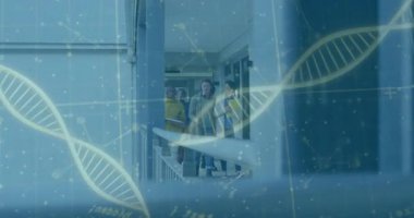 Bilim laboratuarında yüzen DNA çift sarmal iplikçikleri noktalı moleküler çizgiler ve formüller sergiliyor. Moleküler biyoloji, genetik araştırma, biyoteknoloji, bilimsel görselleştirme, gelecek, yenilik, yüksek teknoloji