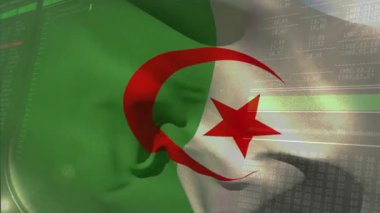 Cezayir bayrağı sanal uzayda canlandırılıyor, kod ikili büyüsü ve şifreleme gelişimi gösteriliyor. Bayrak, siber uzay, siber güvenlik, dijital güvenlik, veri koruması, fütürist, siber teknoloji