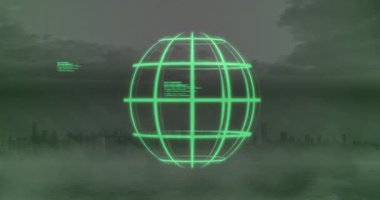 Neon yeşil holografik küre sisli nehrin üzerinde yüzerken kod metni etrafta gezinmeyi engelliyor. Fütürist, siber uzay, teknoloji, dijital, yenilik, soyut, ufuk çizgisi
